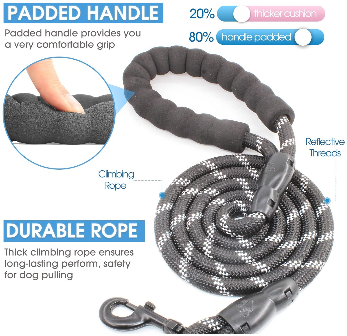 Climbing Rope Leash w/ Padded Handle and Reflective Threads - 5 ft