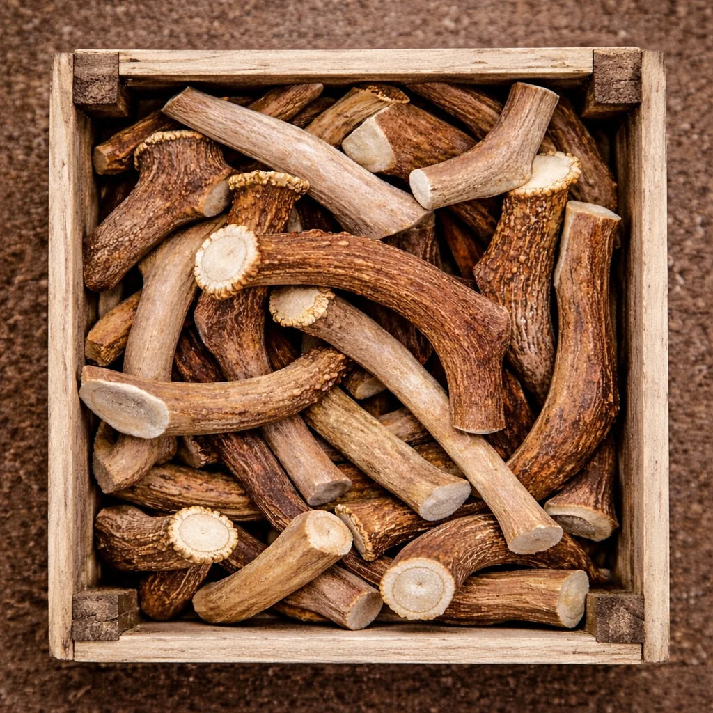 Owner-supplied artwork showing natural antler pieces in a wooden crate